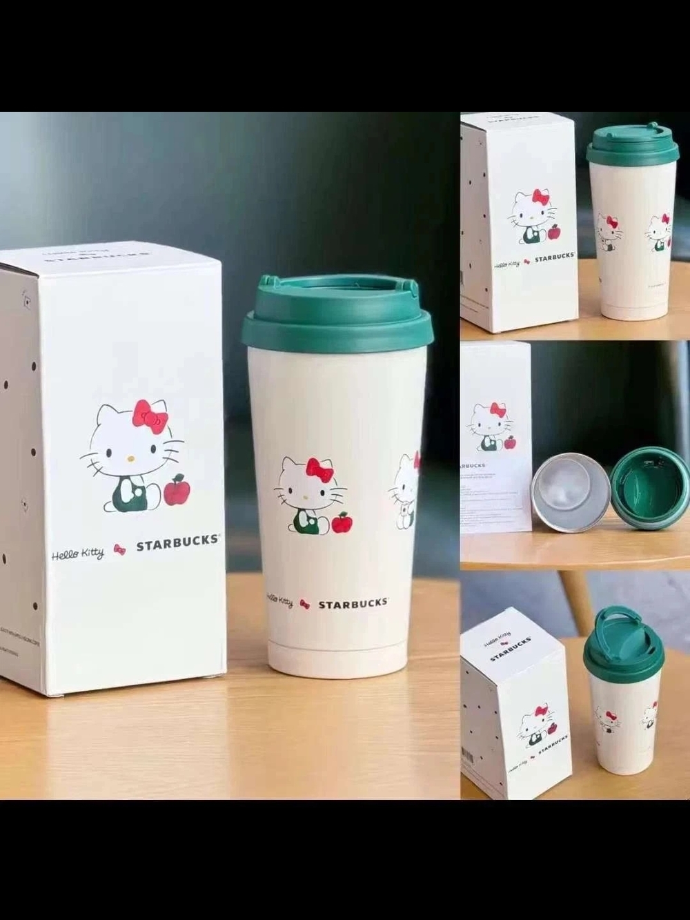 🍎 Starbucks Cream & Teal Hello Kitty Travel Tumbler